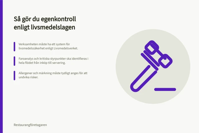 Så gör du egenkontroll enligt livsmedelslagen: Verksamheten måste ha ett system för livsmedelssäkerhet enligt Livsmedelsverket.; Faroanalys och kritiska styrpunkter ska identifieras i hela flödet från inköp till servering.; Allergener och märkning måste tydligt anges för att undvika risker. Så gör du egenkontroll enligt livsmedelslagen